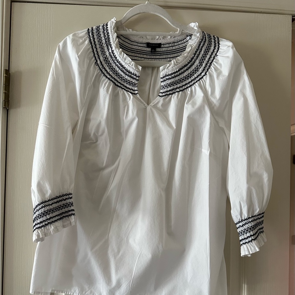 Talbots White and Blue Ruffled Bib Collar Blouse
